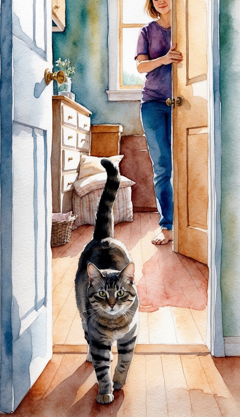 A cat follows its owner through the house, seeking comfort and security