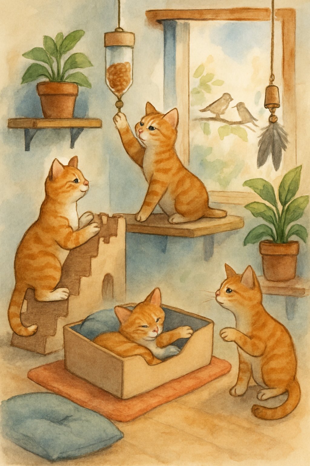 A playful cat in a cozy home using clever homemade toys and resting in creative spots around the room.