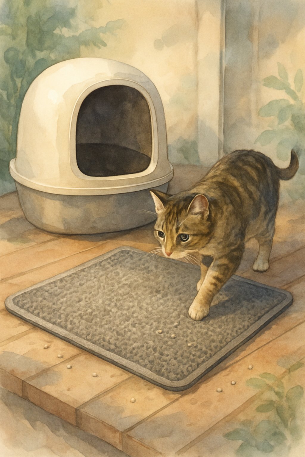 A cat stepping onto a textured mat placed outside a litter box to catch stray litter, set on a wooden porch with some greenery nearby.