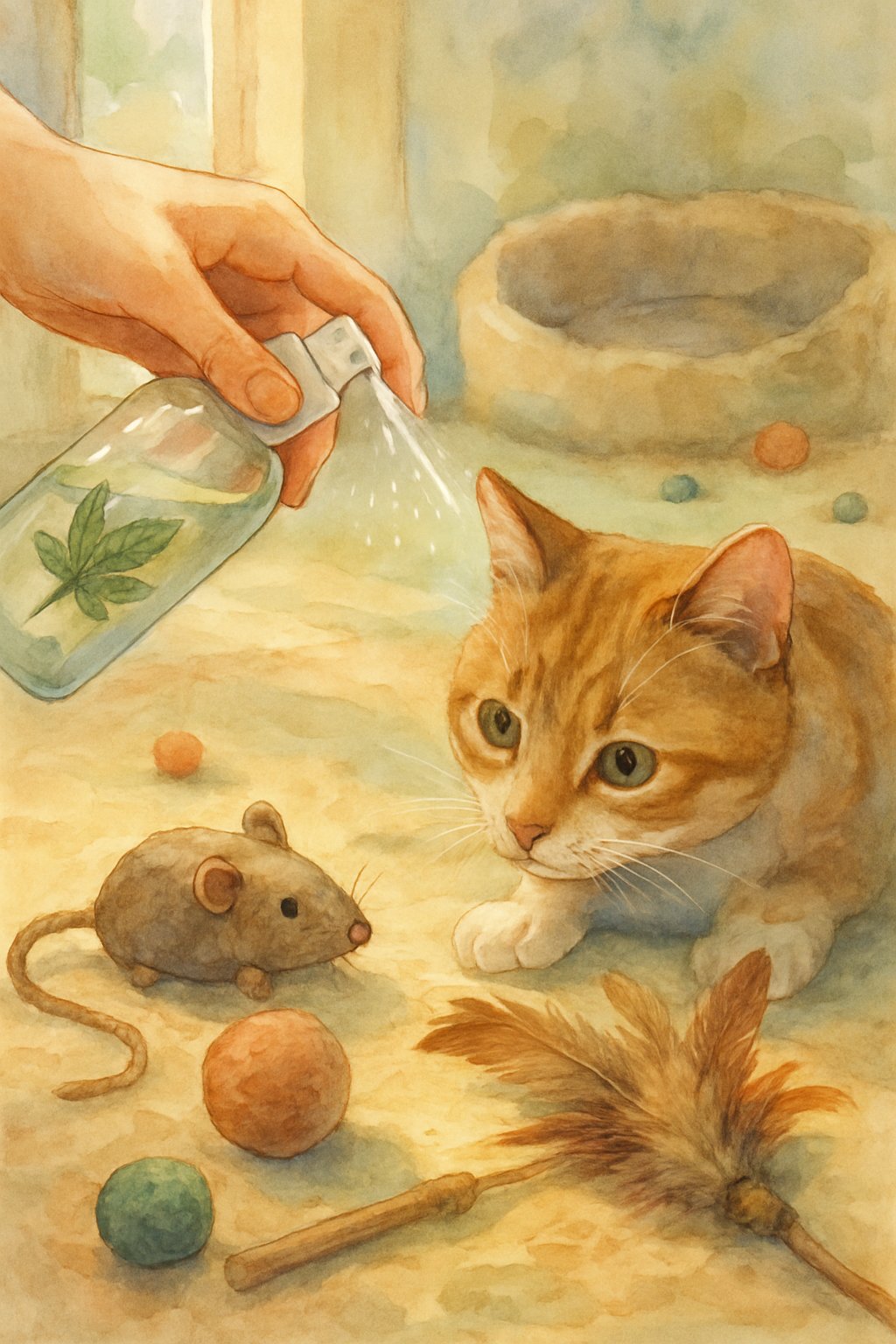 A cat curiously sniffing old toys being sprayed with catnip spray in a cozy indoor setting.