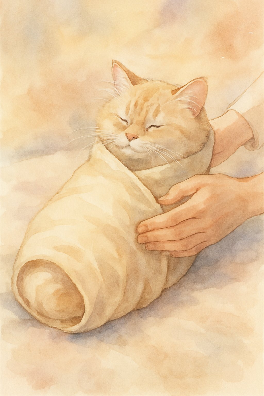 A cat wrapped gently in a soft blanket with a person's hands securing it for grooming or medication.