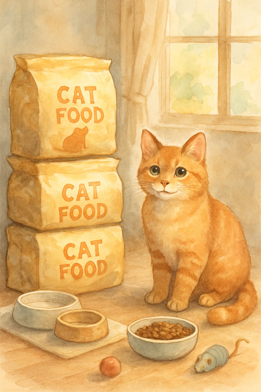 A cat sitting beside large bags of cat food in a cozy home setting with a feeding station and toys nearby.