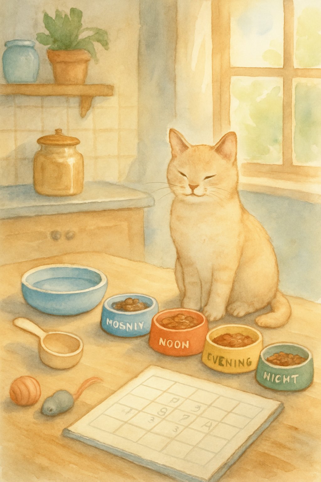 A cat sitting beside small food bowls arranged on a table with a calendar showing feeding times nearby, surrounded by cat toys and feeding accessories.