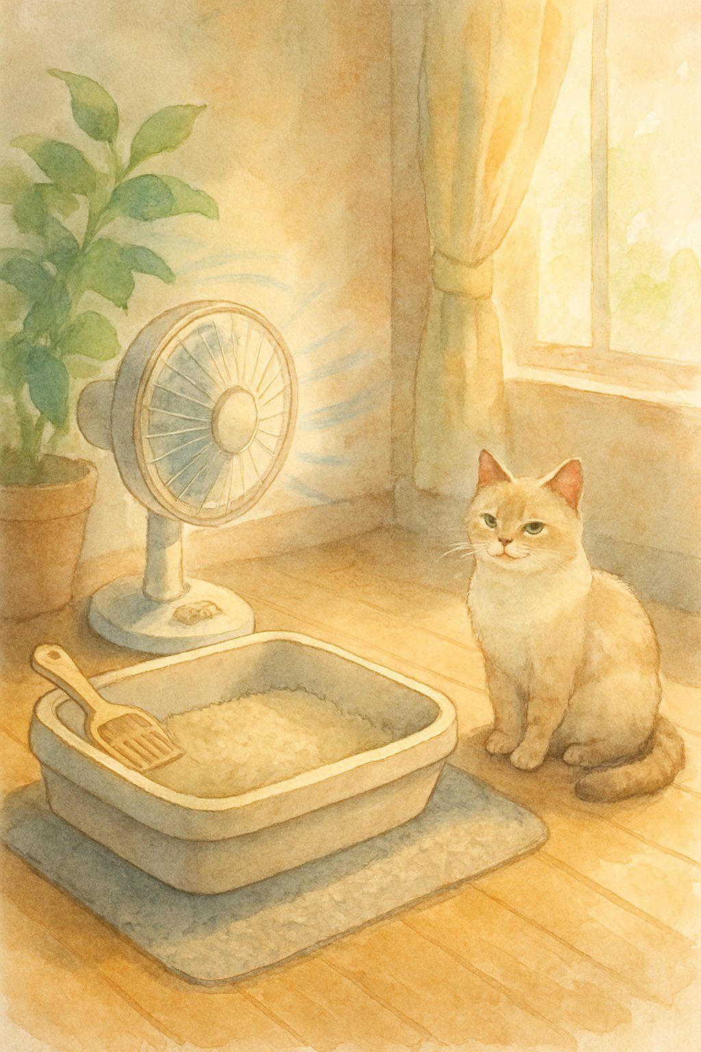 A small cat litter box area with a fan blowing air nearby and a relaxed cat sitting beside it in a cozy room.