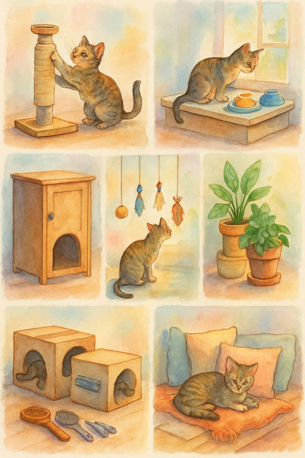 A cozy indoor scene showing a cat exploring various clever setups like a scratching post, feeding station, window perch, hidden litter box, hanging toys, plant corner, cardboard tunnel, grooming area, and a soft resting nook.