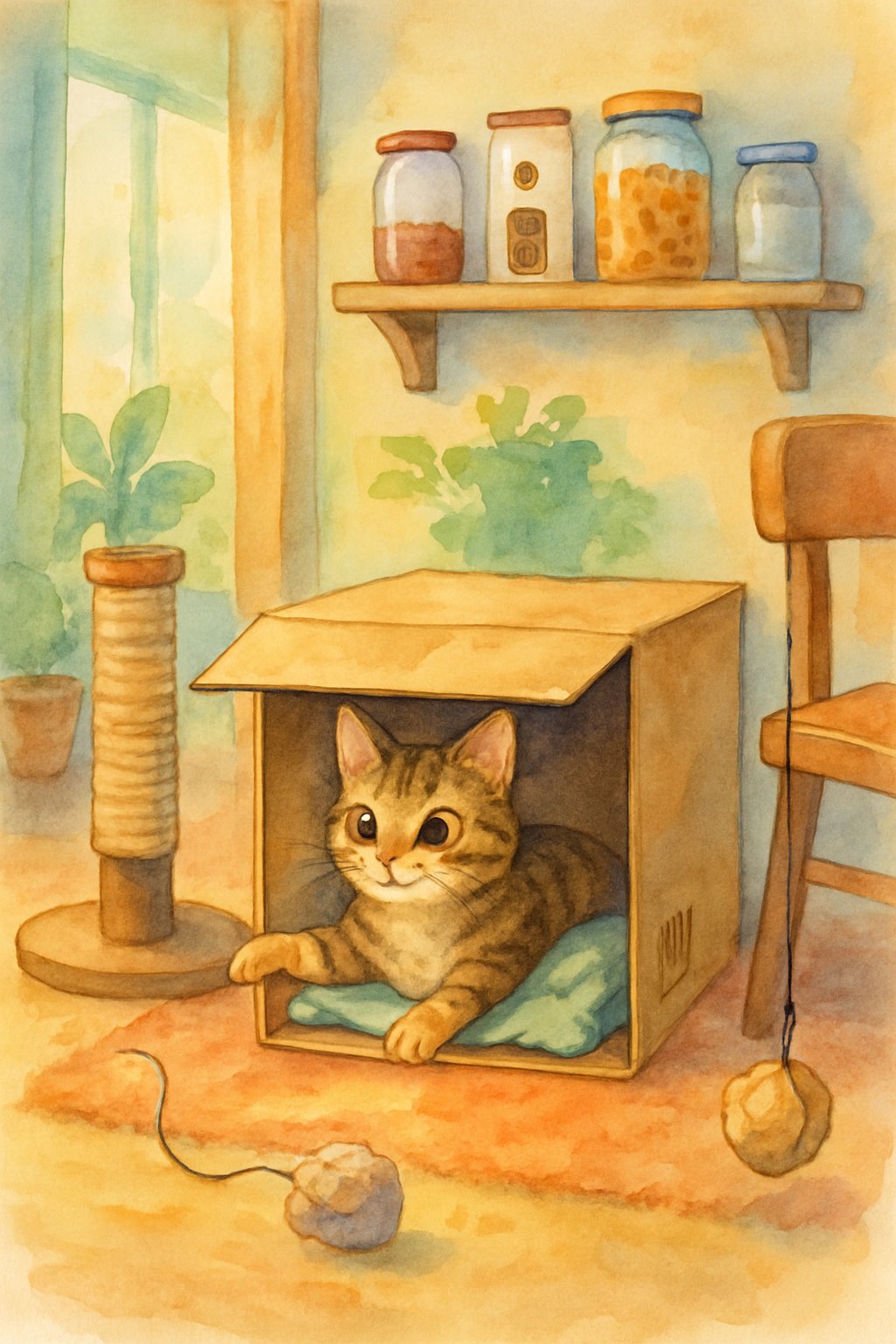A cat playing and resting among everyday household items creatively used as toys and furniture in a cozy living room.