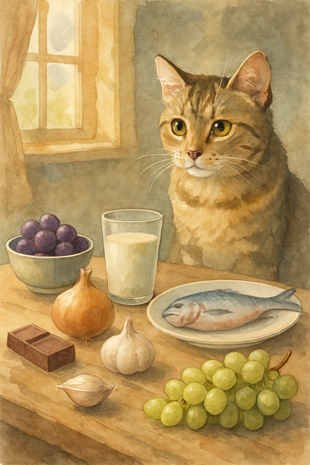 A cat sitting near a table with various foods that are unsafe for cats, including grapes, chocolate, onions, garlic, milk, and raw fish.