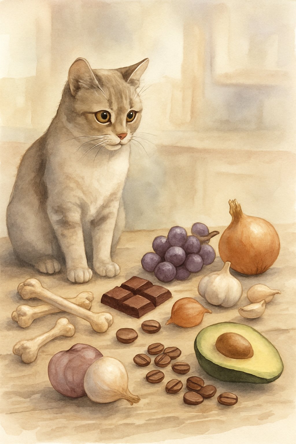 A cat sitting near a table with raw bones and seven different foods that are unsafe for cats, including chocolate, grapes, onions, garlic, avocado, and coffee beans.