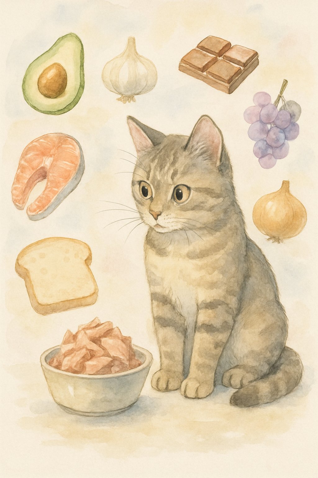 A cat sitting next to a bowl filled with tuna fish, surrounded by illustrations of other foods arranged around it.