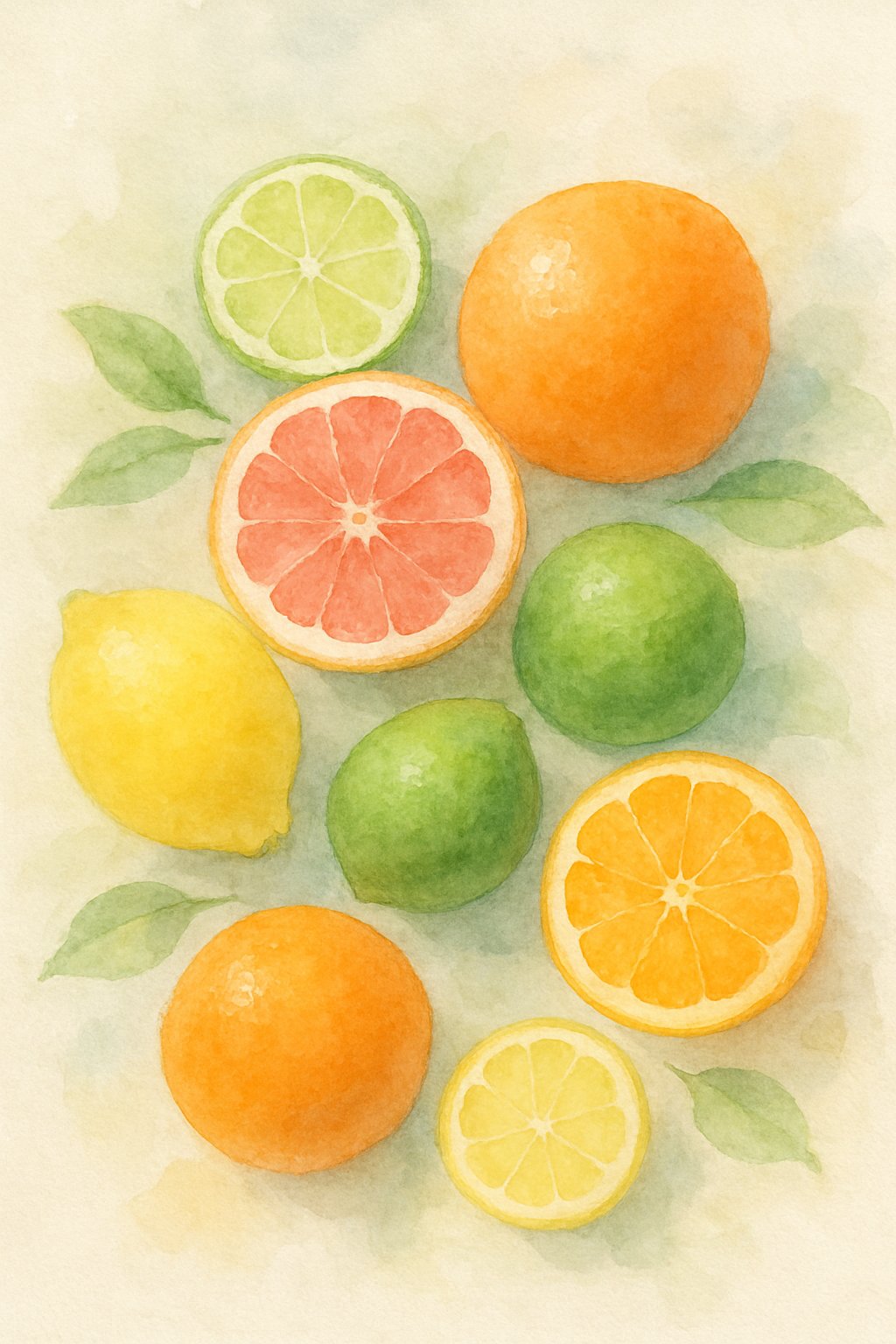 A collection of oranges, lemons, limes, and grapefruits with green leaves arranged together.