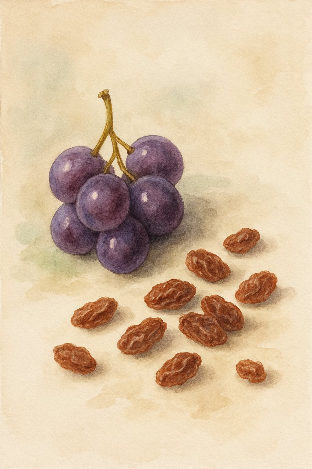 A cluster of purple grapes next to a handful of brown raisins on a plain background.