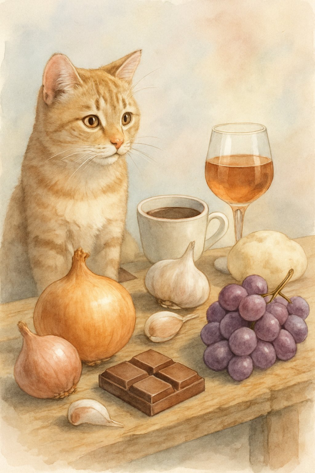 A domestic cat sitting near a table with various harmful foods like onions, garlic, chocolate, grapes, alcohol, caffeine, and raw dough around it.