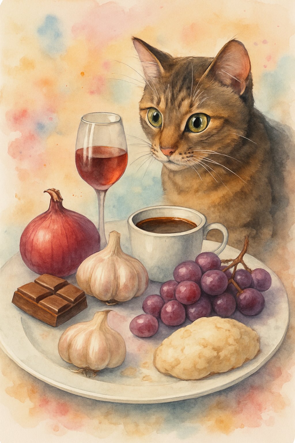 A cat looking at a plate with seven different foods that are harmful to cats, including chocolate, onions, grapes, and garlic.