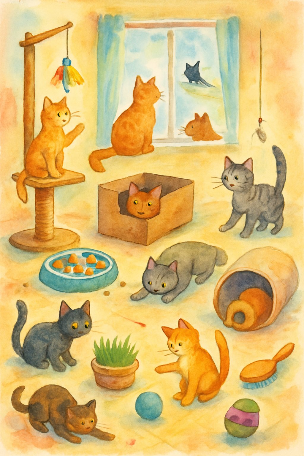 Several cats playing and resting with various toys and enrichment items inside a cozy home.