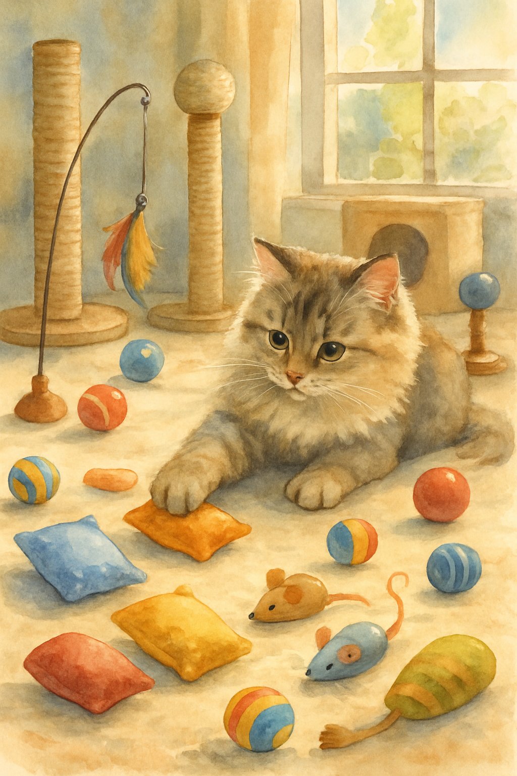 A fluffy cat playing with colorful catnip-filled kick toys and other playful objects on a soft rug in a cozy indoor setting.