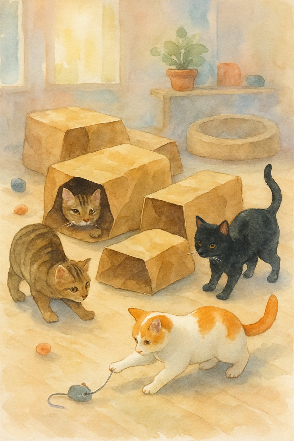 Three cats playing around and inside brown paper bags set up as hideouts in a cozy indoor room with toys and a plant.