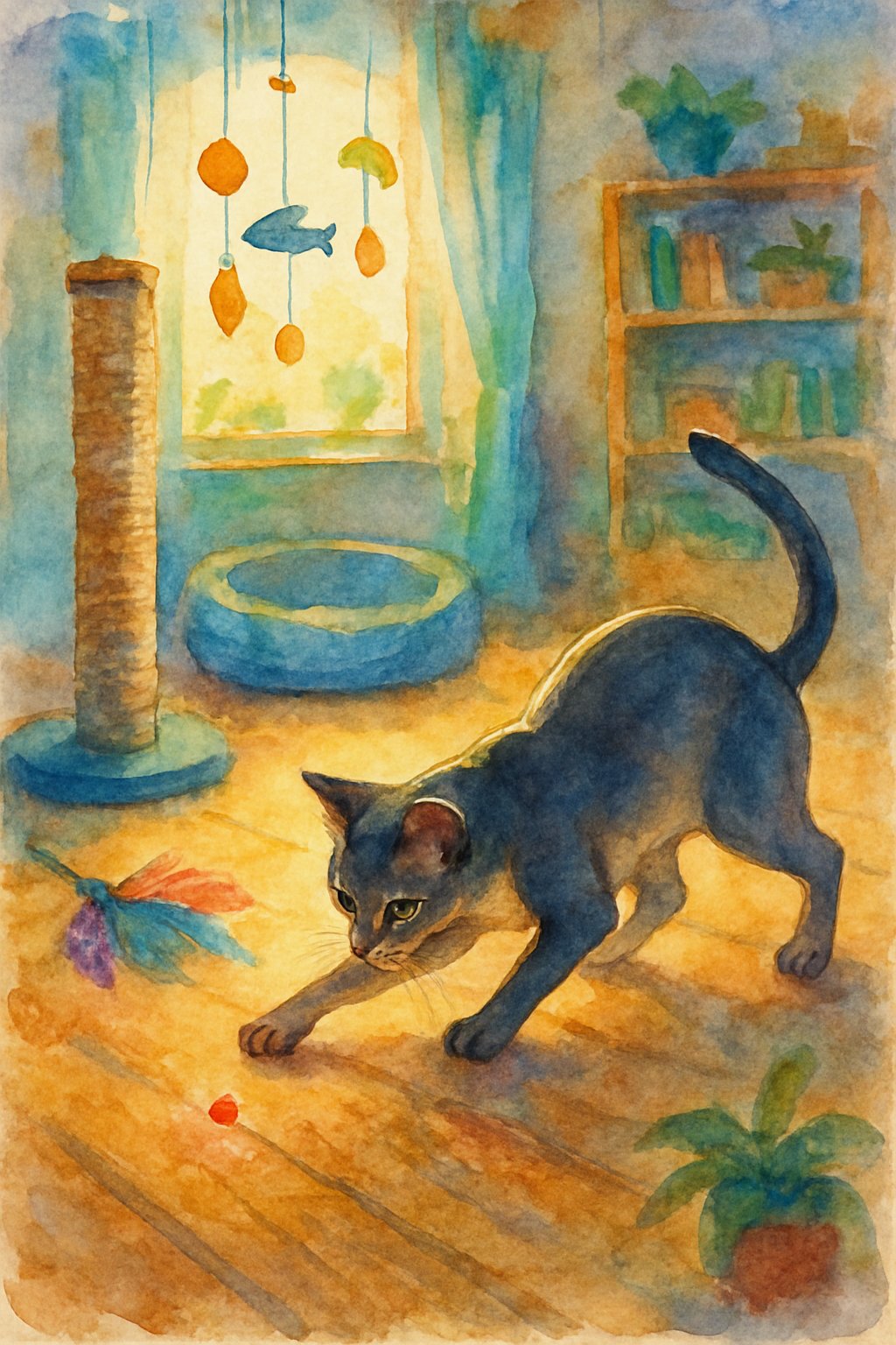 A cat eagerly chasing a red laser dot on a wooden floor surrounded by cat toys and cozy home furnishings.