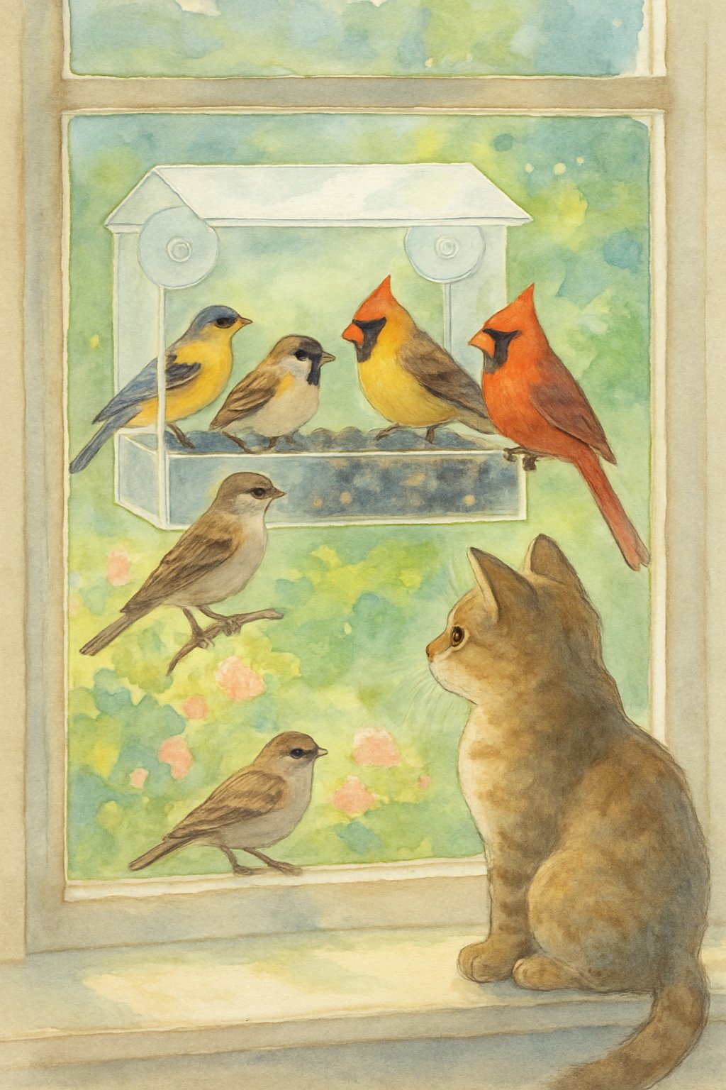 A cat watching birds at a window-mounted bird feeder outside a window with green plants and flowers.