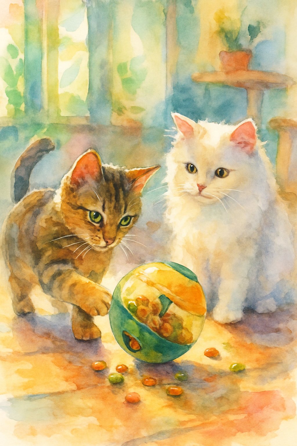 Two cats interacting with a rotating food-dispensing ball toy on a wooden floor in a cozy living room.