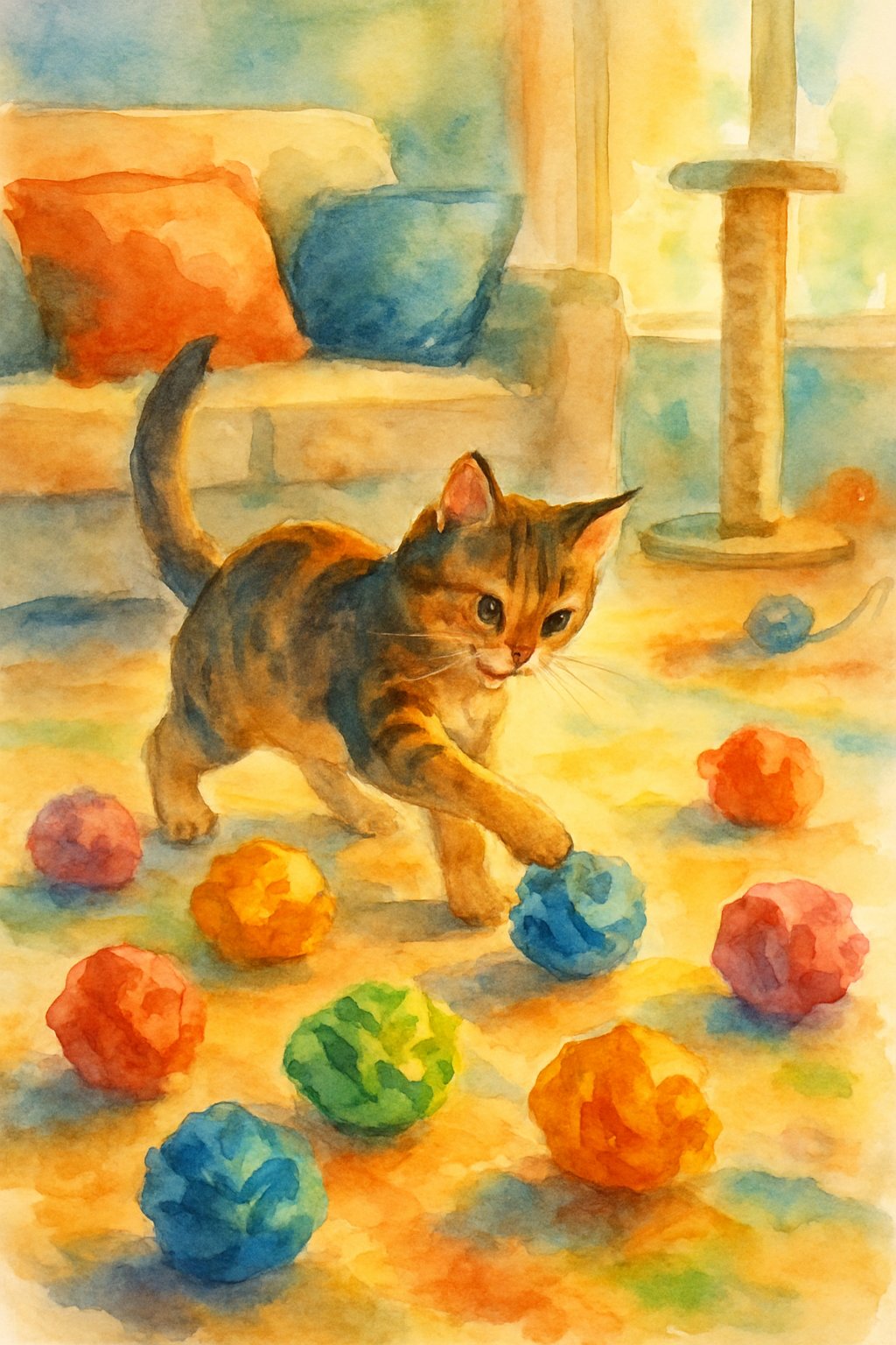 A cat playing with crumpled paper balls on a living room floor surrounded by cushions and cat toys.