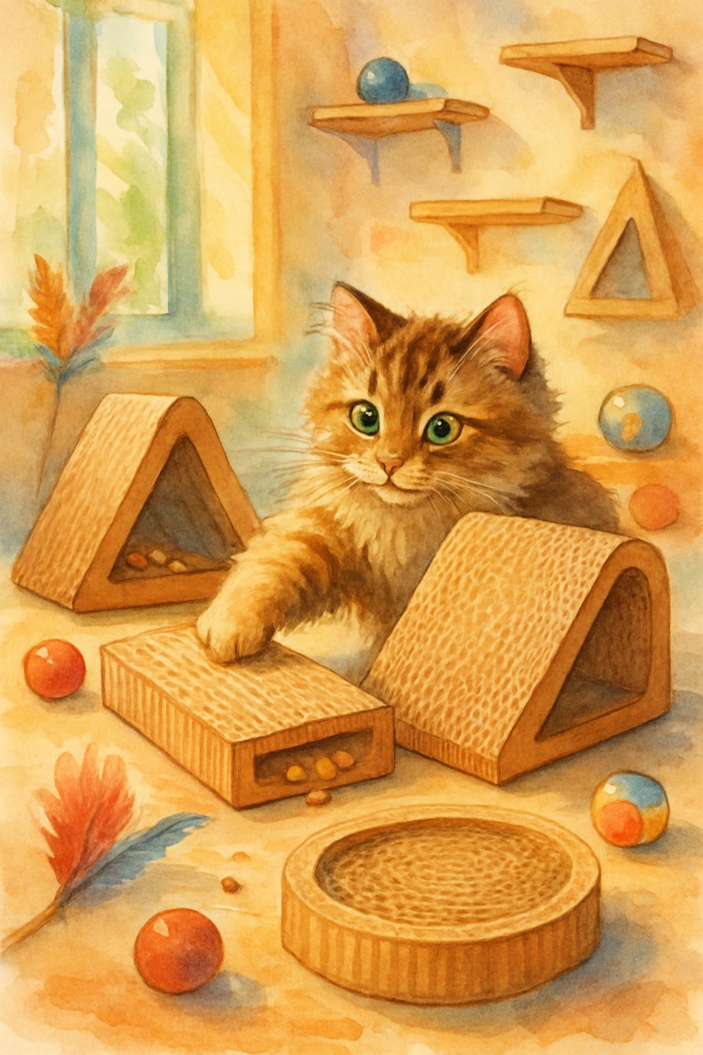 A cat playing with cardboard scratching pads that have treats hidden inside, surrounded by cat toys in a cozy room.