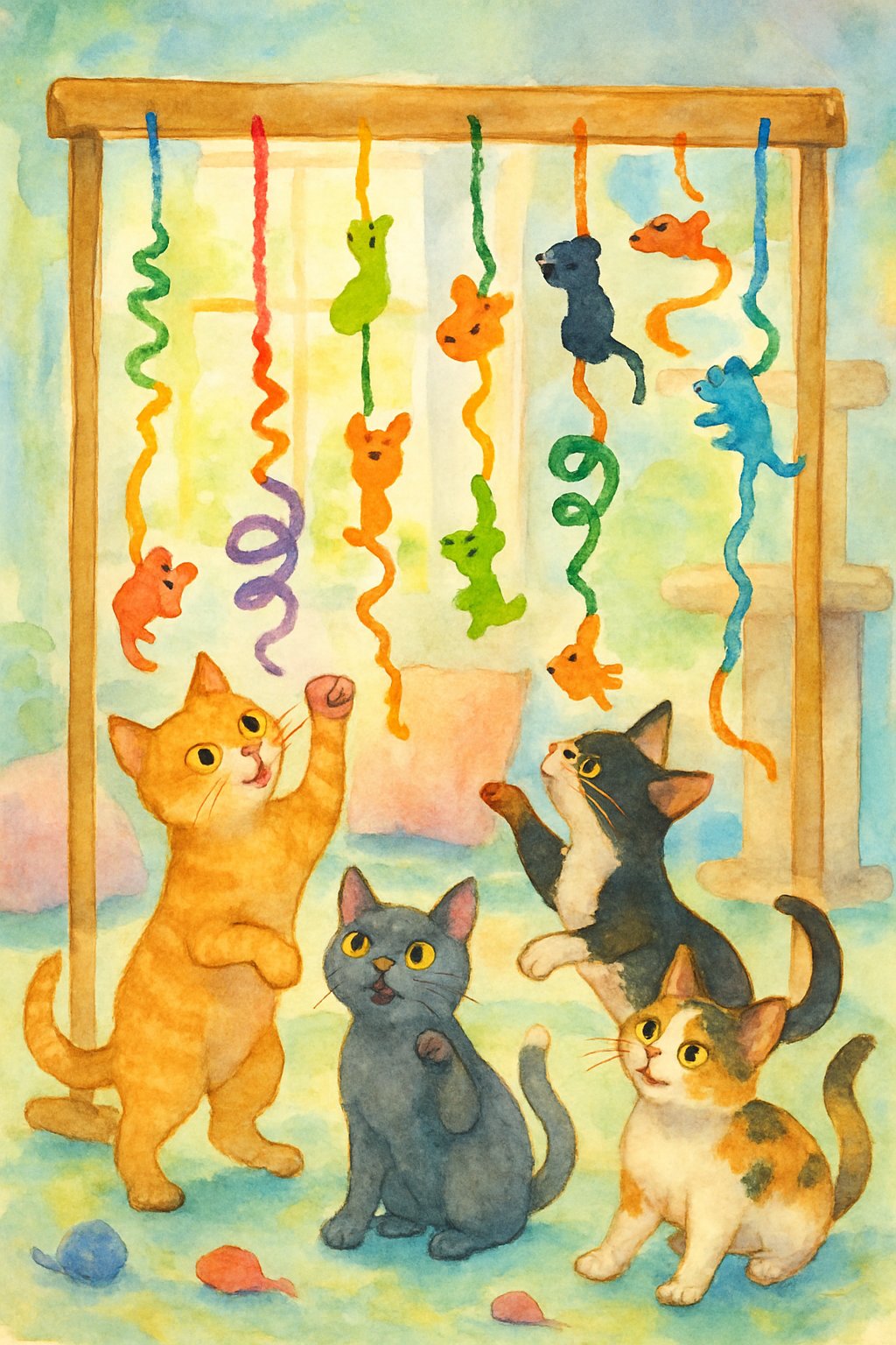 Several cats playing with colorful pipe cleaner toys hanging from a wooden frame in a cozy indoor room.