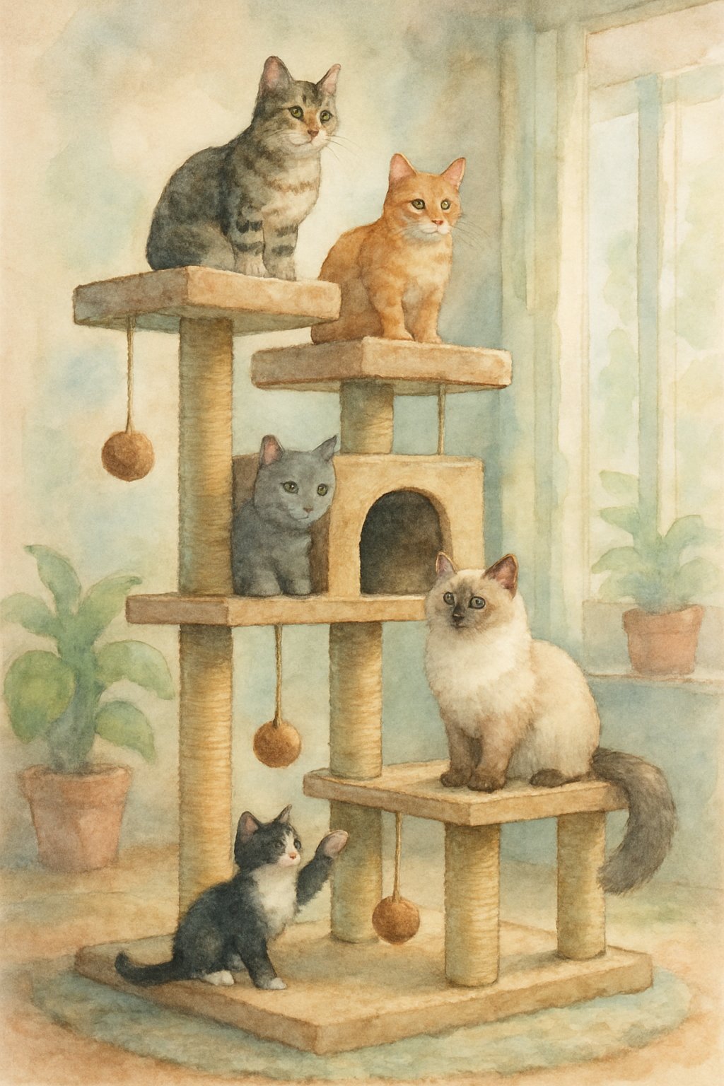 Several cats playing and resting on a multi-level cat tree with platforms, hiding spots, and hanging toys inside a cozy room.