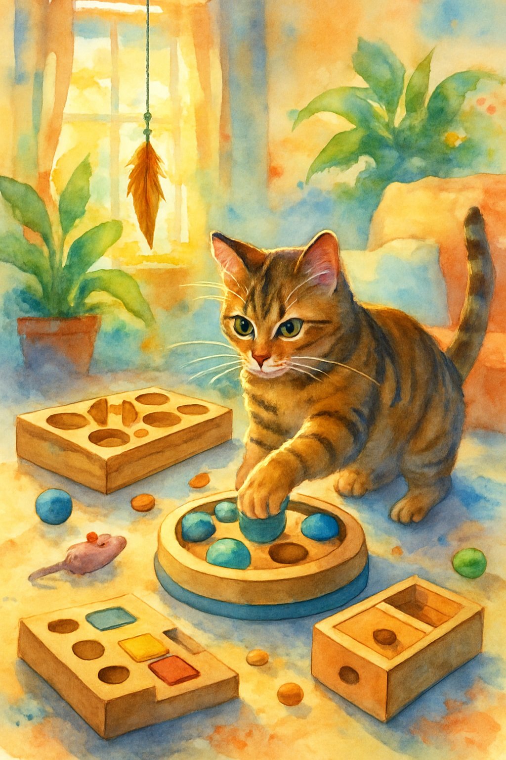 A curious tabby cat playing with various puzzle feeders in a sunlit room filled with cushions and plants.