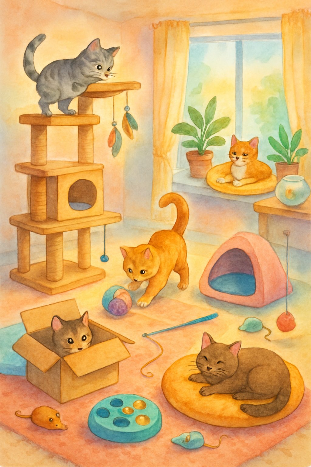 Several cats playing and relaxing in a cozy room filled with toys, climbing structures, and plants.