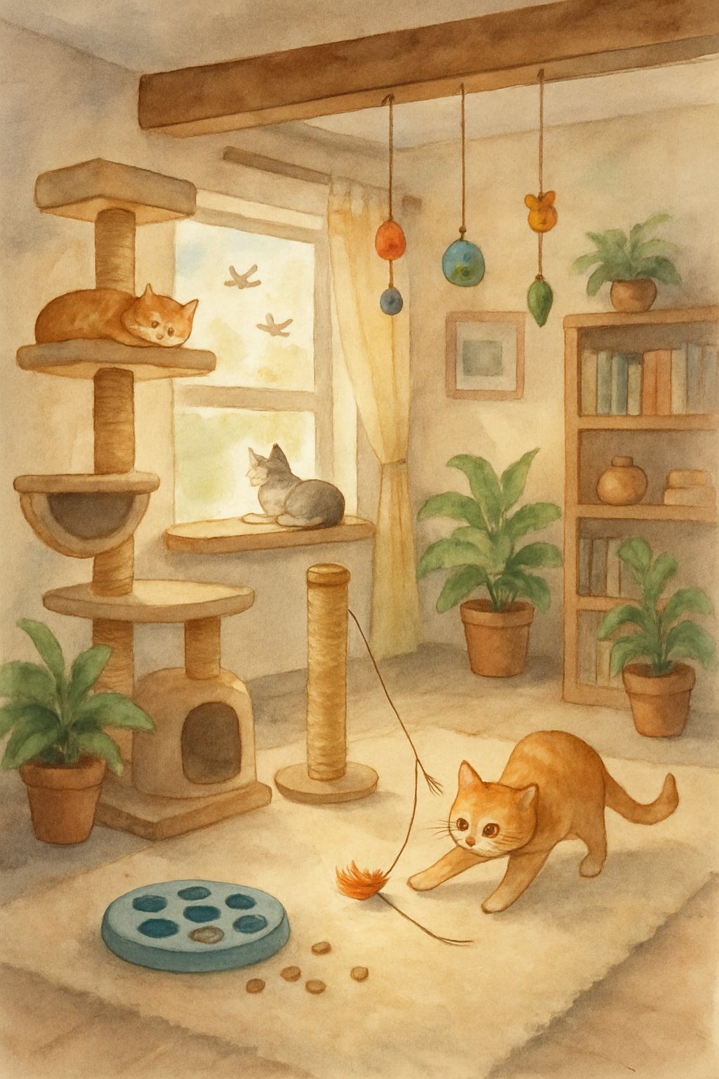 A cozy indoor room with a cat tree, a cat resting on a windowsill, hanging toys, scratching post, houseplants, and a cat playing with a feather toy on a rug.