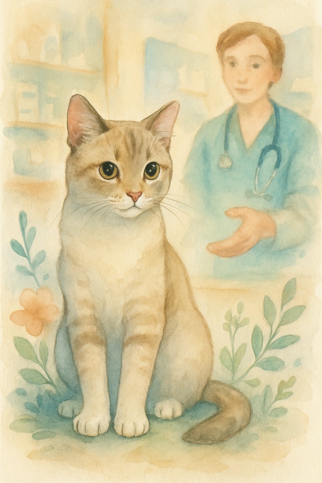 A calm cat sitting with visible paws surrounded by flowers, with a veterinarian gently reaching out in a warm clinic setting.