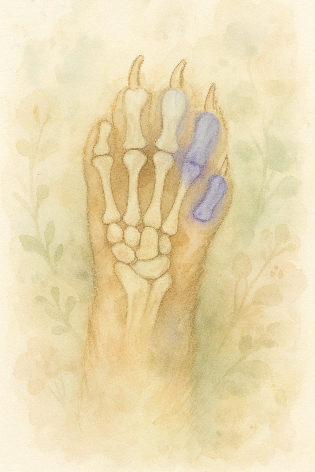 A cat's paw showing the bones inside the toes, highlighting the last bone of each toe to illustrate declawing.