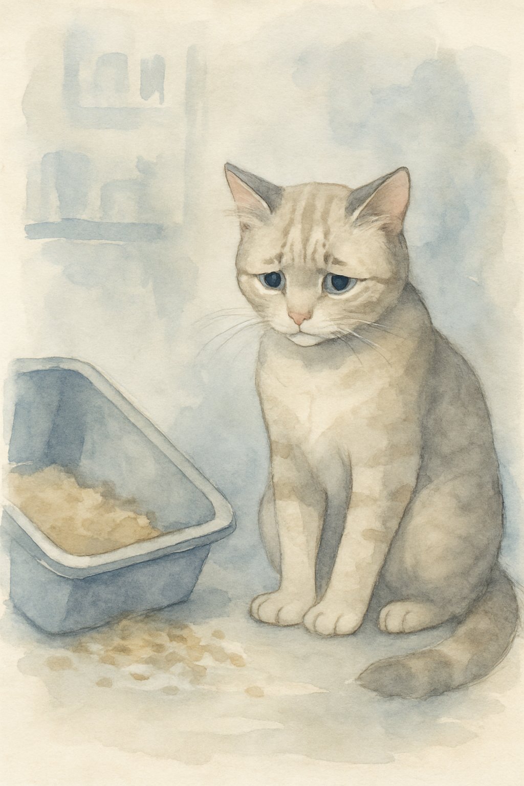 A sad cat sitting next to an overturned litter box, looking distressed.