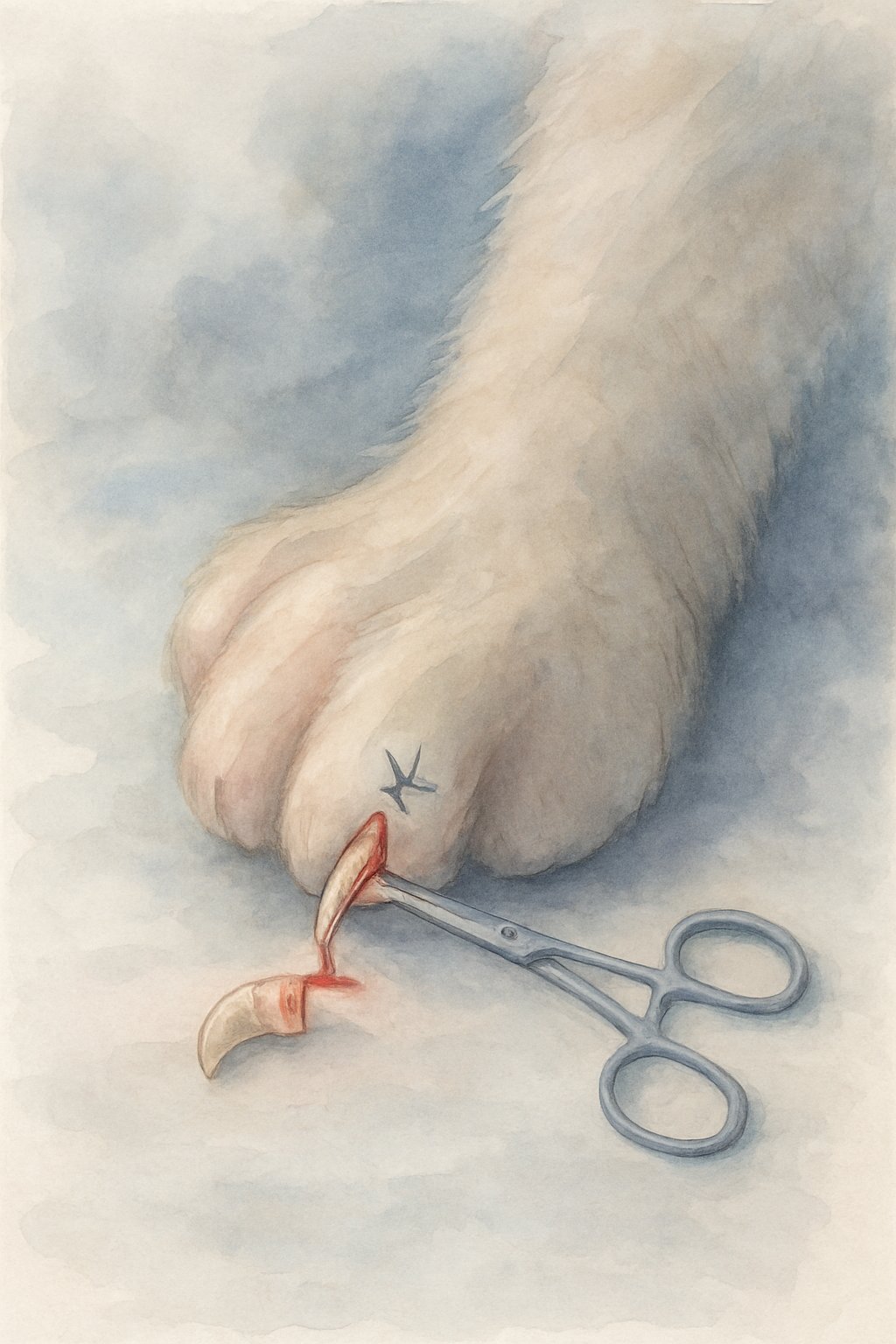 Close-up of a cat's paw showing one claw at its last joint, symbolizing a surgical procedure.