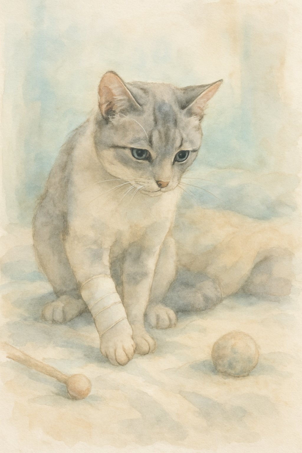 A cat carefully shifting its weight, showing signs of discomfort while resting in a cozy indoor setting.
