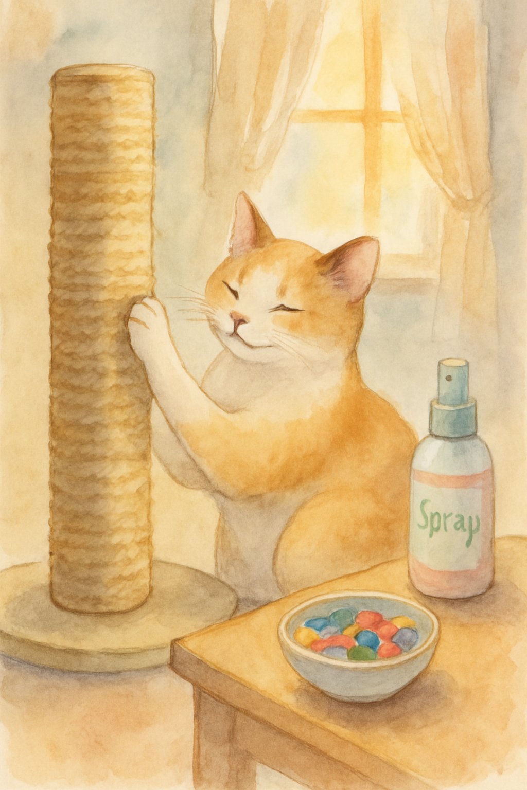 A cat playing with a scratching post next to nail caps and a spray bottle on a table in a cozy room.