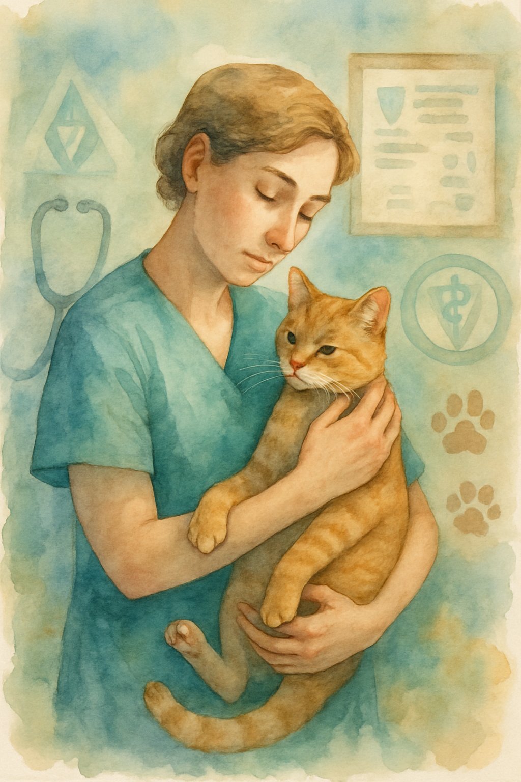 A veterinarian gently holding a calm cat in a clinic, emphasizing care and compassion for the animal.