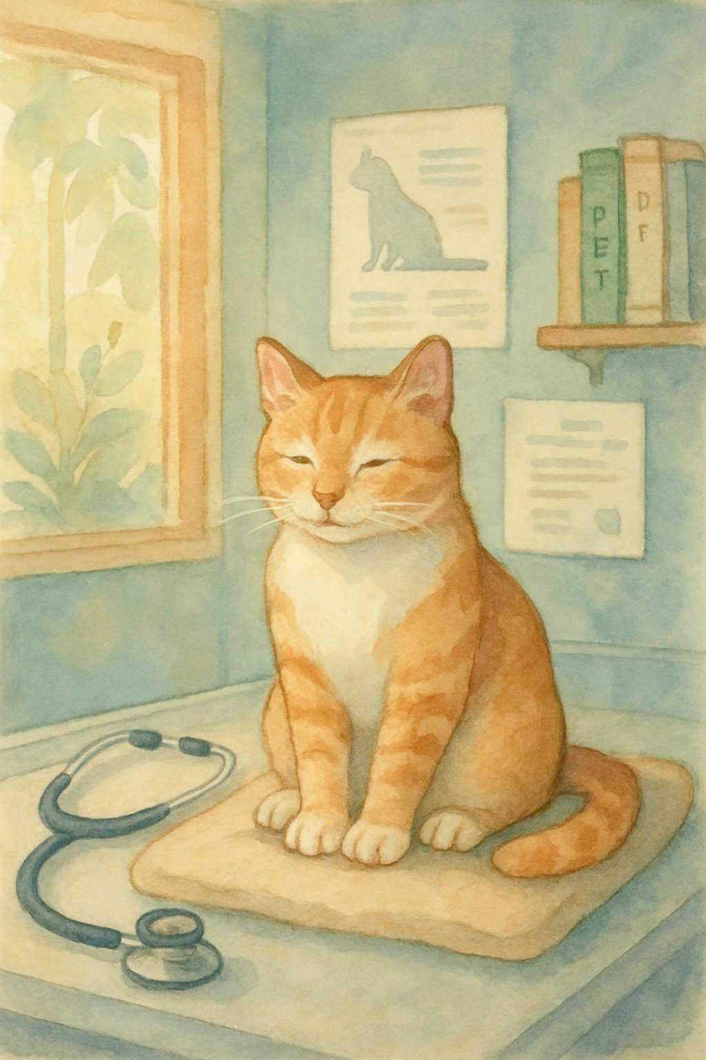 A calm domestic cat sitting on a cushion in a cozy veterinary clinic room with medical tools and books nearby.