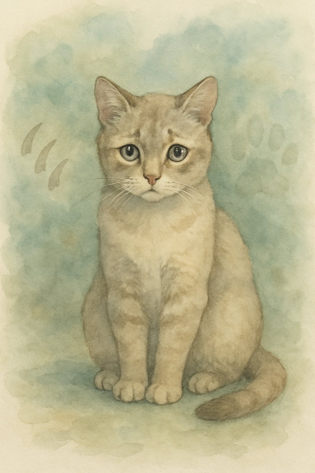 A calm domestic cat sitting quietly with soft shadows of removed claws in the background, surrounded by gentle natural colors.