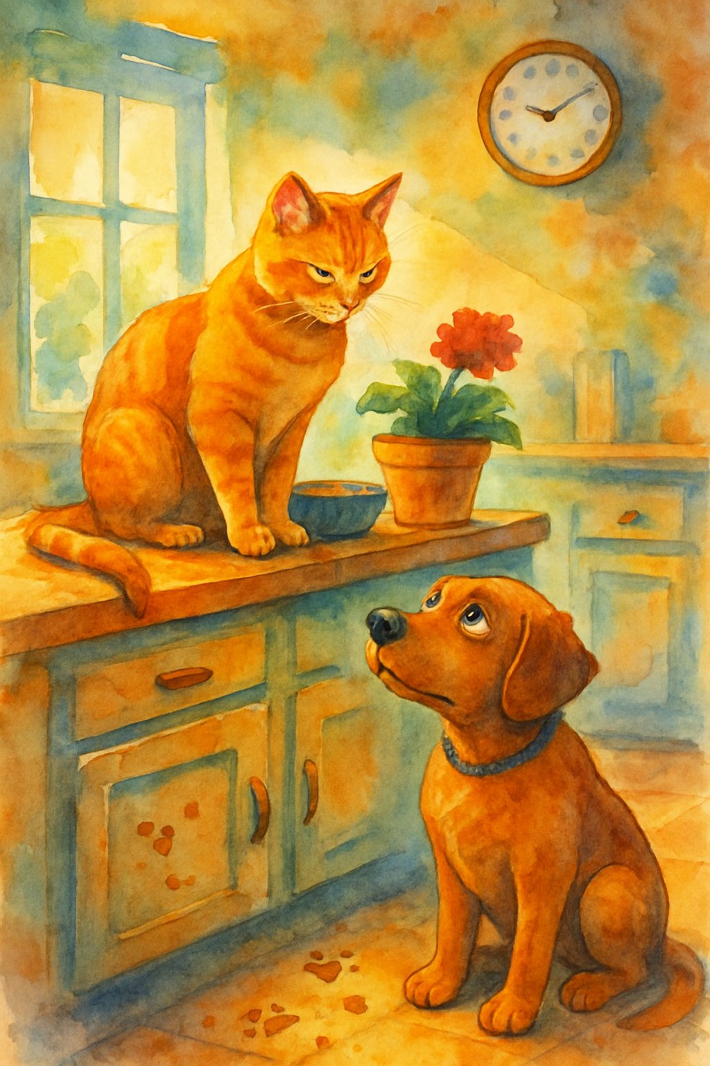A cat sitting on a kitchen countertop looking at a hidden bowl of food while a dog watches nearby with a curious expression.