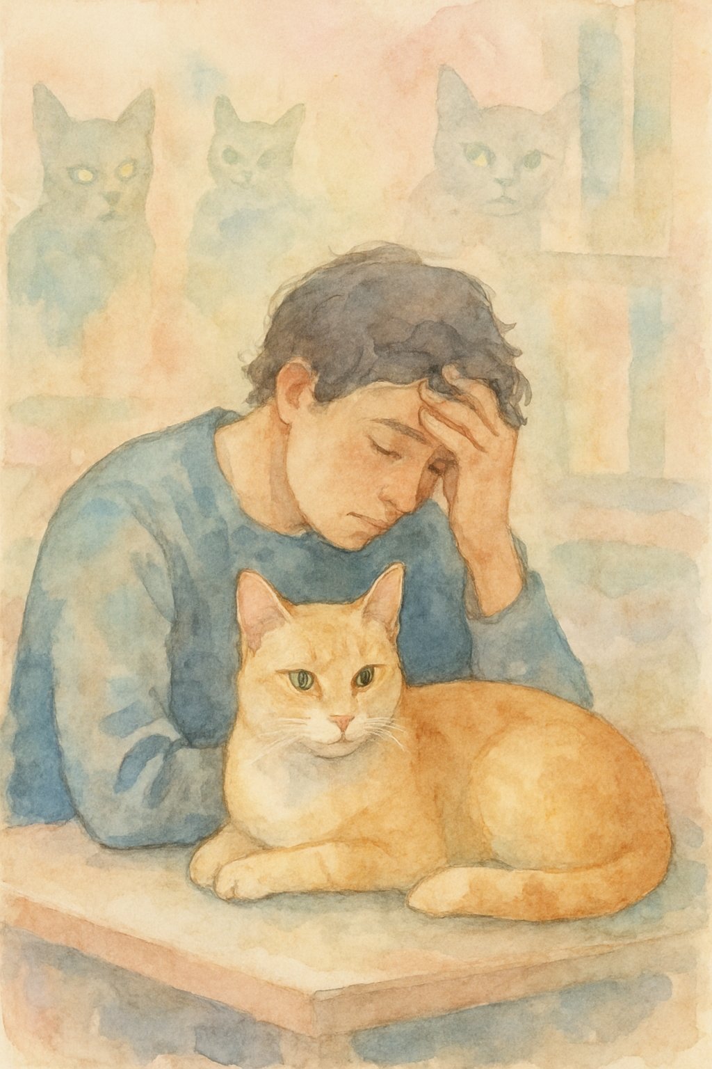 A cat quietly comforting a stressed person indoors, with other cats nearby showing attentive and curious expressions.