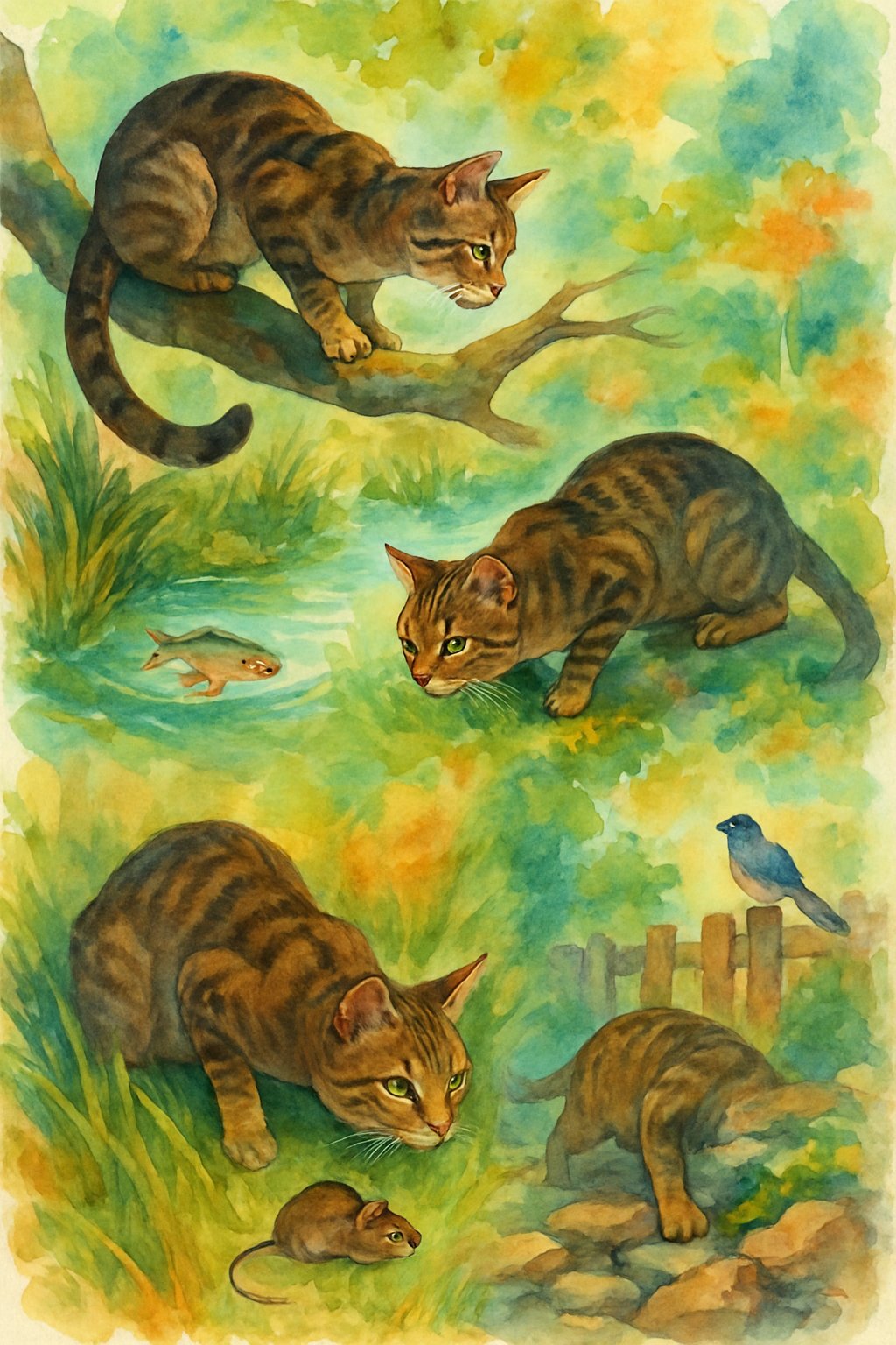A cat hunting in different natural settings including a tree branch by a pond, tall grass, and a rocky garden, focused on catching fish, a mouse, and a bird.
