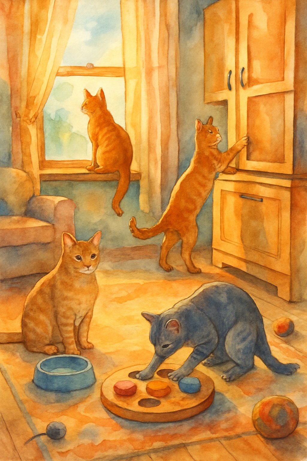 Several cats in a cozy living room demonstrating clever behaviors like opening a cabinet, watching outside, and playing with a puzzle toy.