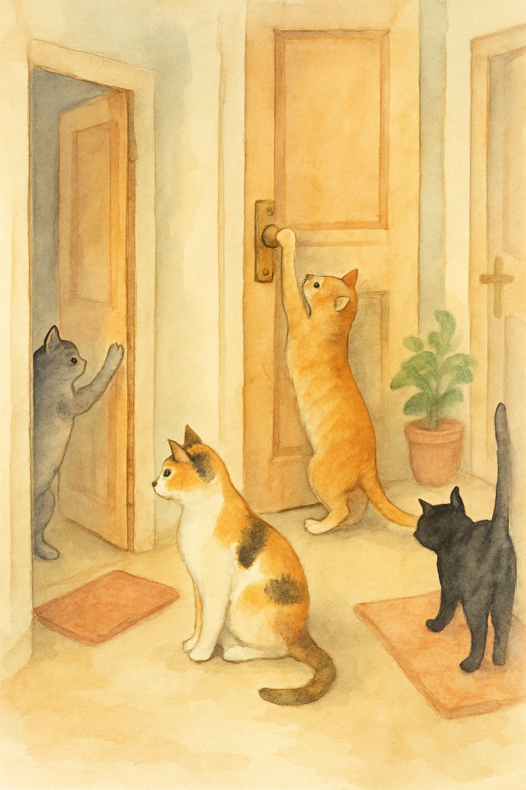 Several cats demonstrating patience and problem-solving by opening doors inside a cozy home.