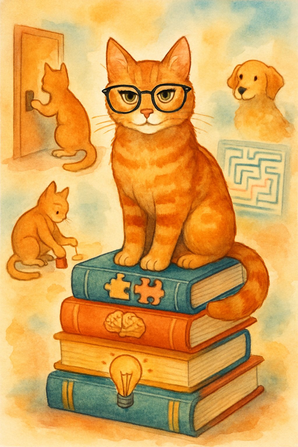 A cat sitting confidently on a stack of books with symbols of intelligence, surrounded by scenes showing it solving problems while a dog watches from afar.