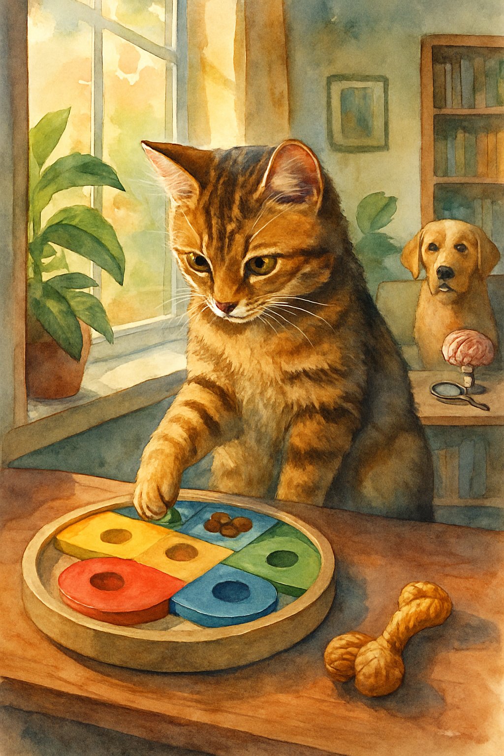 A cat on a windowsill solving a puzzle toy with a dog watching from a distance in a cozy living room.