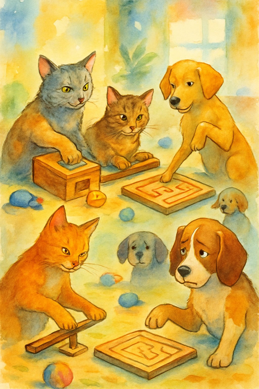 A group of cats and dogs in a cozy room, with cats solving puzzles and dogs trying similar tasks, showing a playful competition.
