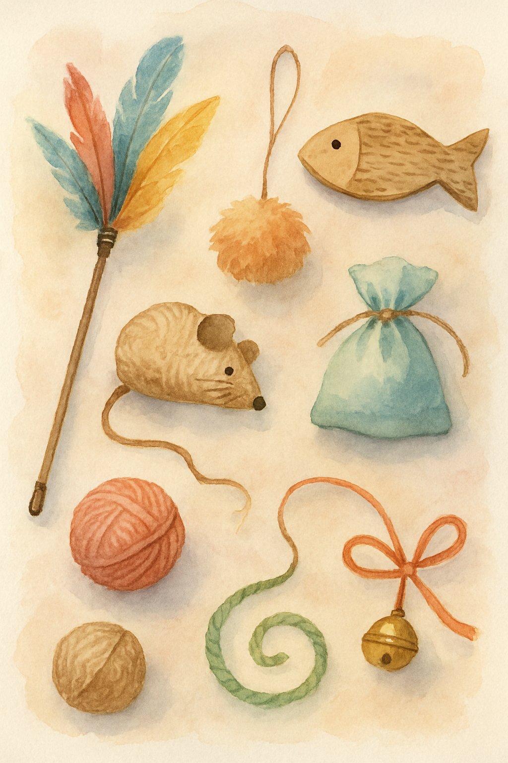 Eight different handmade cat toys arranged together, including feathers, yarn balls, a paper mouse, pom-poms, a cardboard scratcher, a fabric pouch, a pipe cleaner spiral, and a small bell on a ribbon.