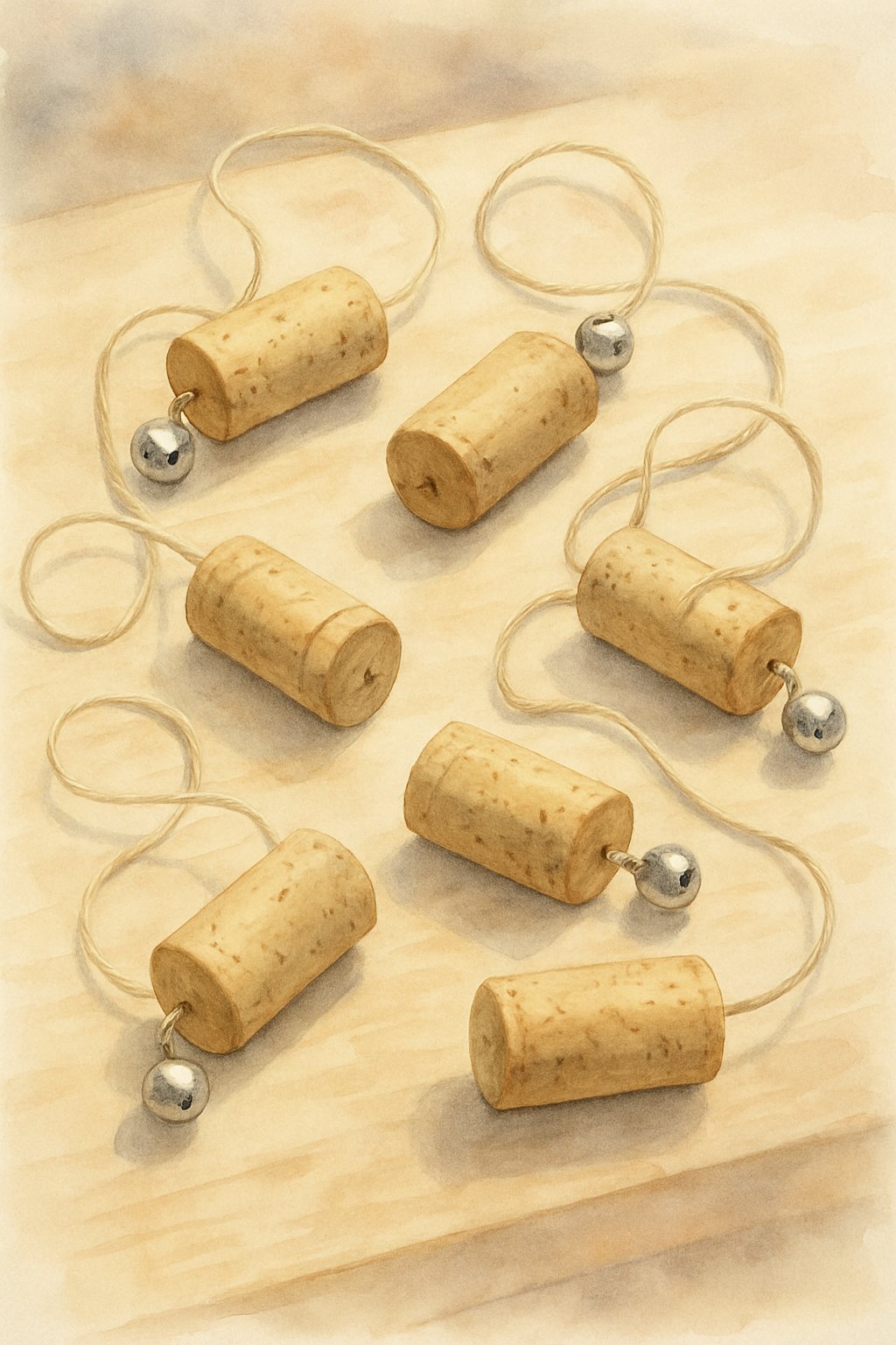 A collection of eight wine cork cat toys with small bells attached by strings arranged on a wooden surface.