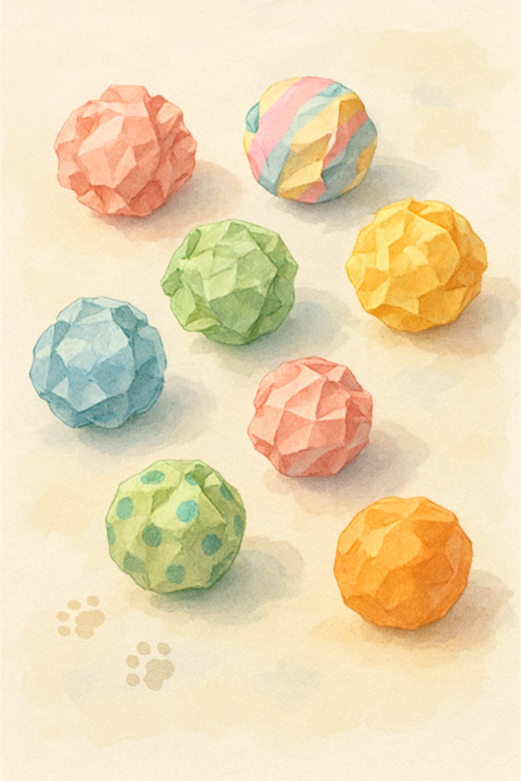 Eight colorful handmade paper ball cat toys arranged on a soft surface with faint cat paw prints nearby.